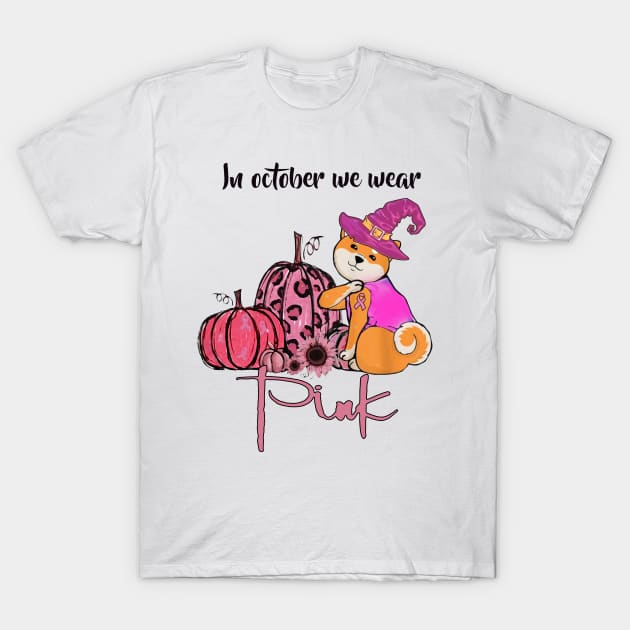 In October We Wear Pink - Halloween Pink Shiba Inu Dog Witch Pumpkin T-Shirt by Tiennhu Lamit19